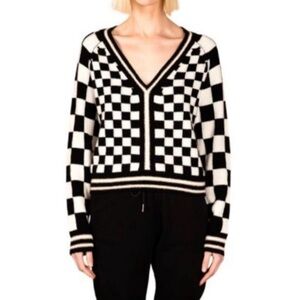 Le Superbe Zephyr Black White Buffalo Check V-Neck Crop Sweater Cashmere Wool